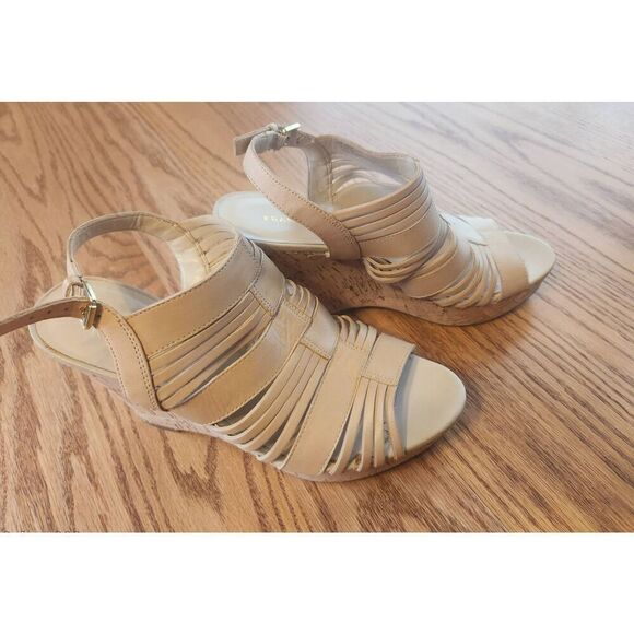Franco Sarto Leather nude cork wedge high heel sandals - Picture 2 of 13
